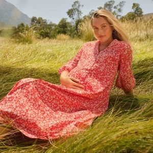 The Nines by Hatch Maternity Dress Vibrant Red Orange Floral Size L